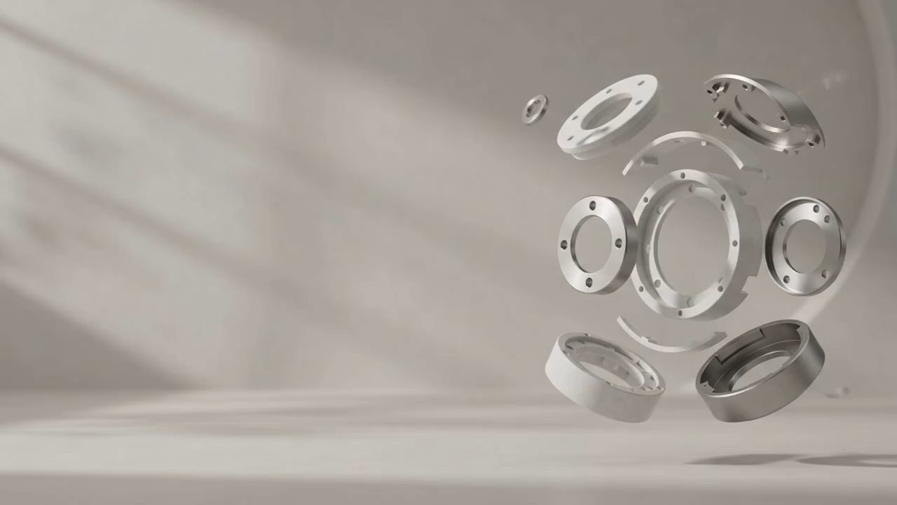 Precision-machined components held apart in an exploded assembly view.