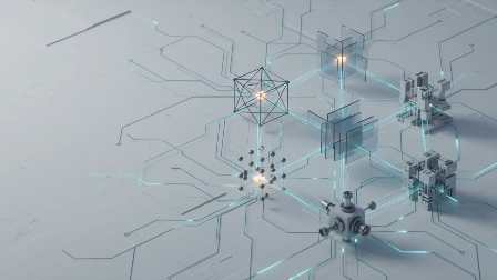 Engineered structures — a wireframe lattice, layered glass panels and machined assemblies — arranged on an isometric plane.